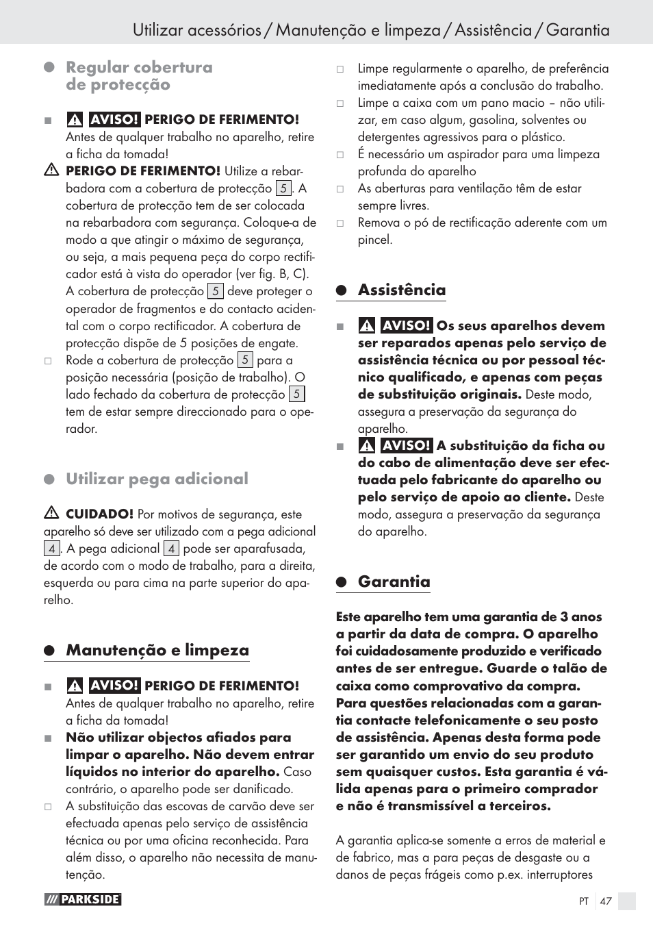 Regular cobertura de protecção, Utilizar pega adicional, Manutenção e limpeza | Assistência, Garantia | Parkside PWS 1010 User Manual | Page 48 / 77