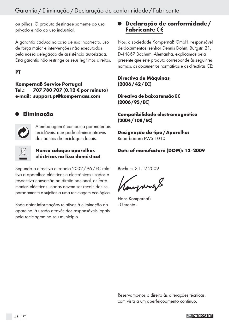 Eliminação, Declaração de conformidade / fabricante | Parkside PWS 1010 User Manual | Page 49 / 77