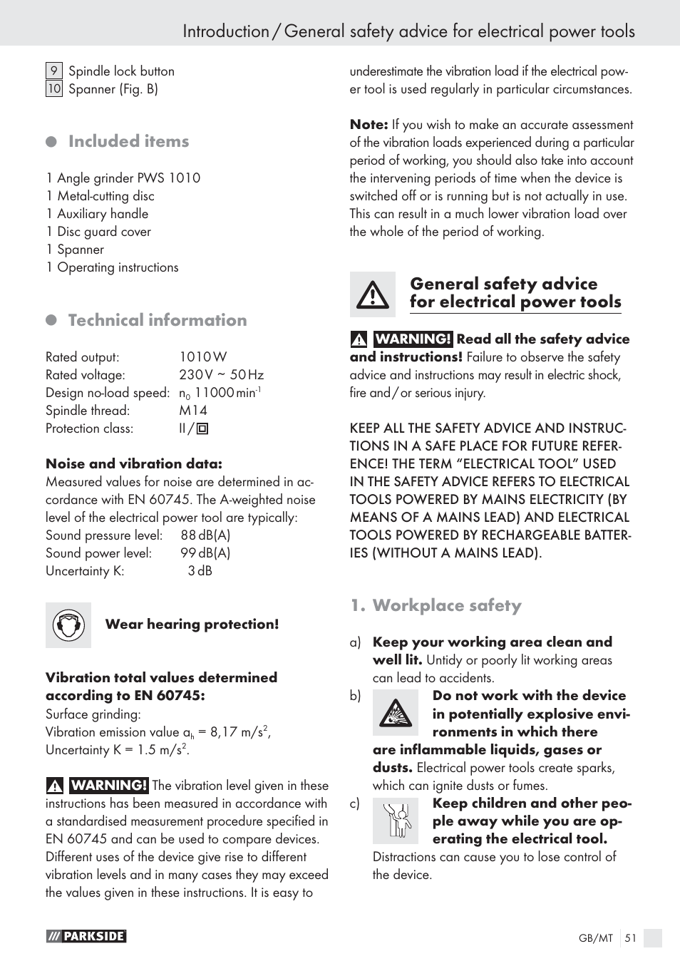 Included items, Technical information, General safety advice for electrical power tools | Workplace safety | Parkside PWS 1010 User Manual | Page 52 / 77