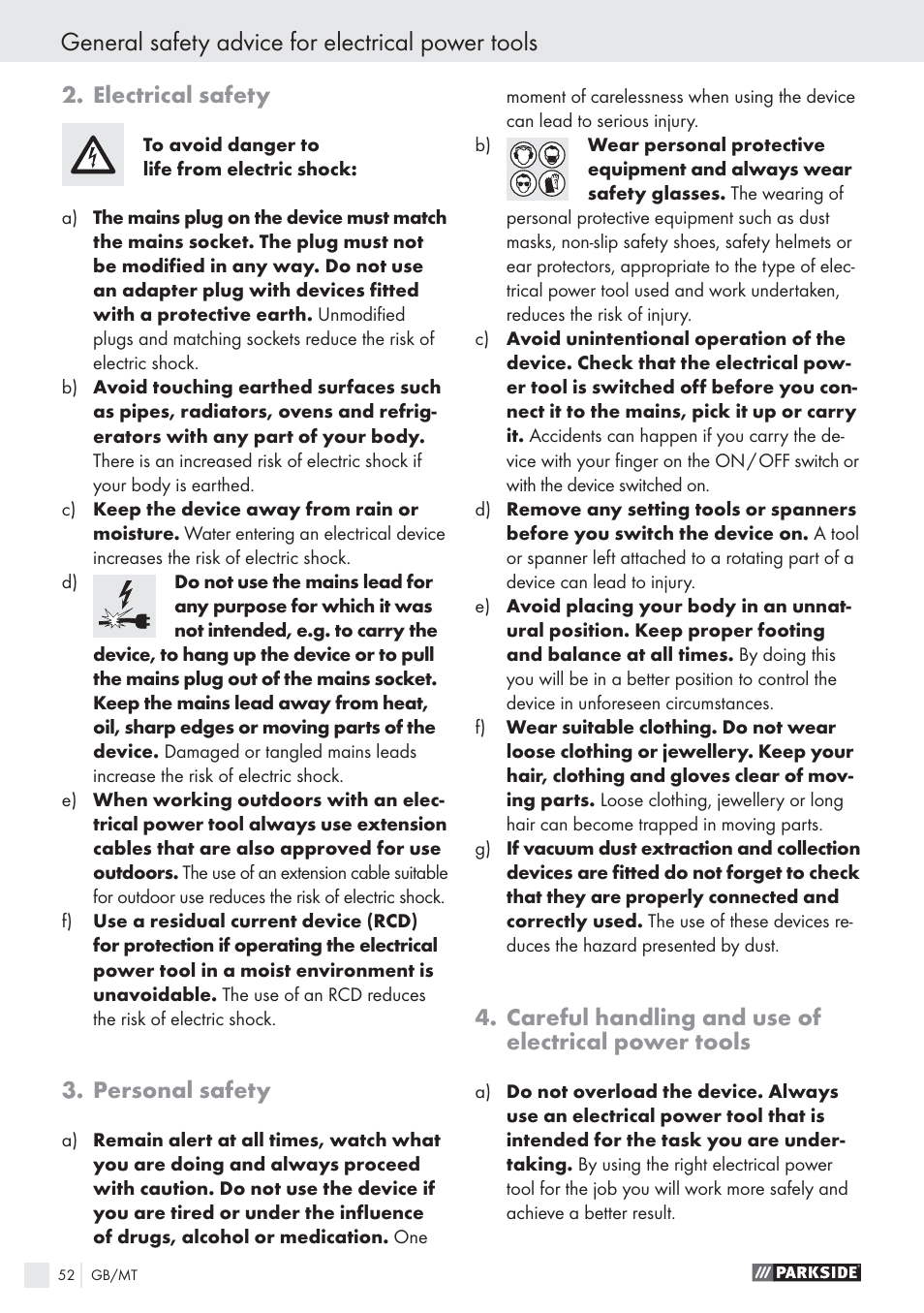 General safety advice for electrical power tools, Electrical safety, Personal safety | Careful handling and use of electrical power tools | Parkside PWS 1010 User Manual | Page 53 / 77