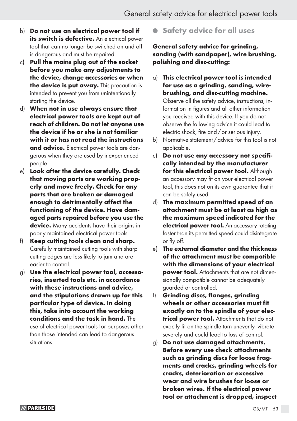 General safety advice for electrical power tools, Safety advice for all uses | Parkside PWS 1010 User Manual | Page 54 / 77