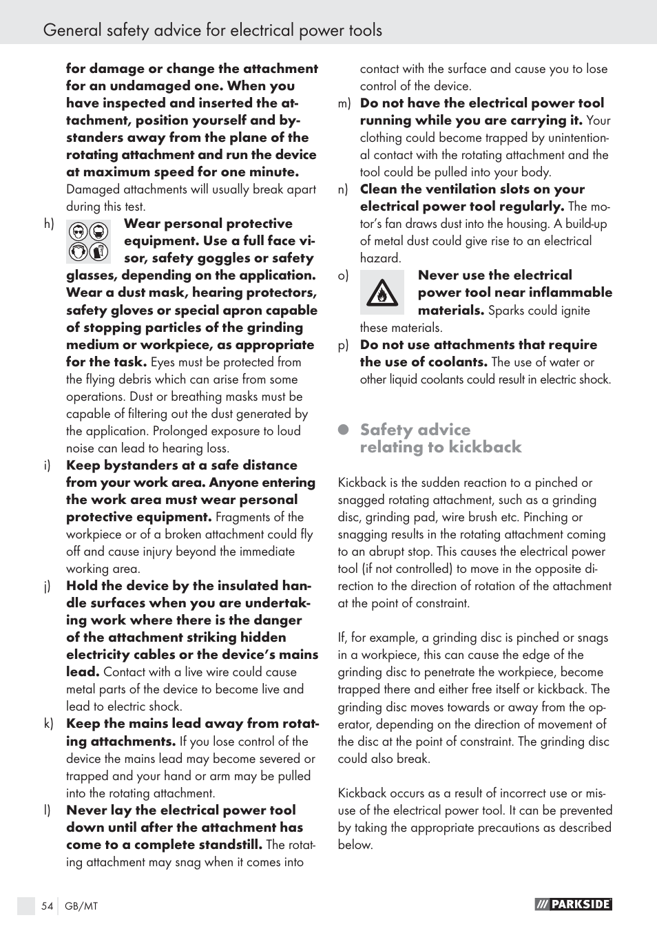 General safety advice for electrical power tools, Safety advice relating to kickback | Parkside PWS 1010 User Manual | Page 55 / 77