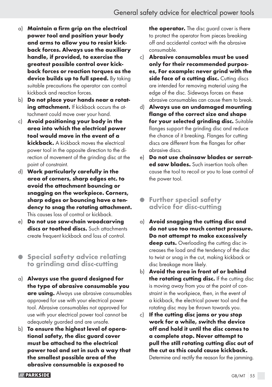 General safety advice for electrical power tools, Further special safety advice for disc-cutting | Parkside PWS 1010 User Manual | Page 56 / 77