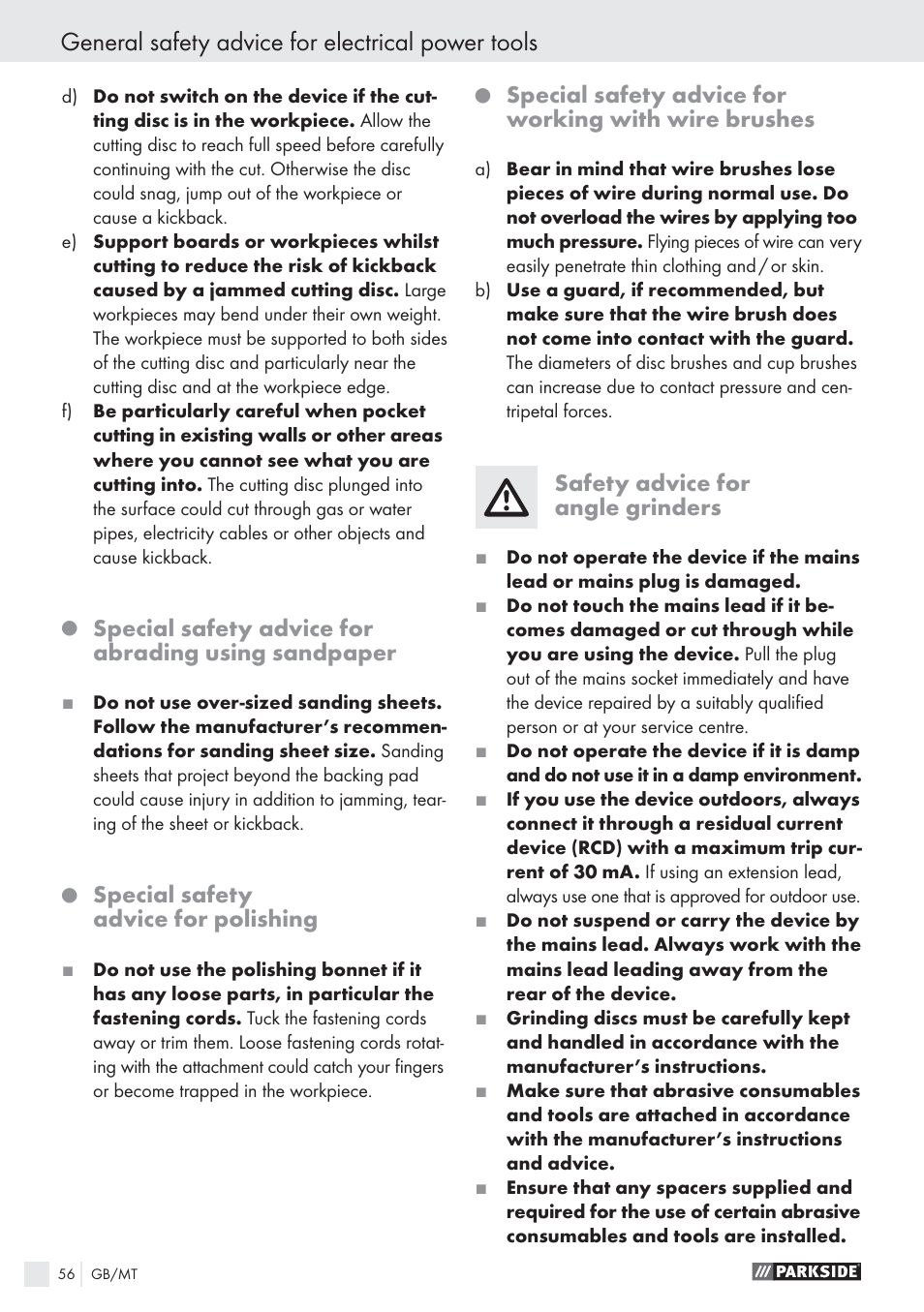 General safety advice for electrical power tools, Special safety advice for abrading using sandpaper, Special safety advice for polishing | Safety advice for angle grinders | Parkside PWS 1010 User Manual | Page 57 / 77