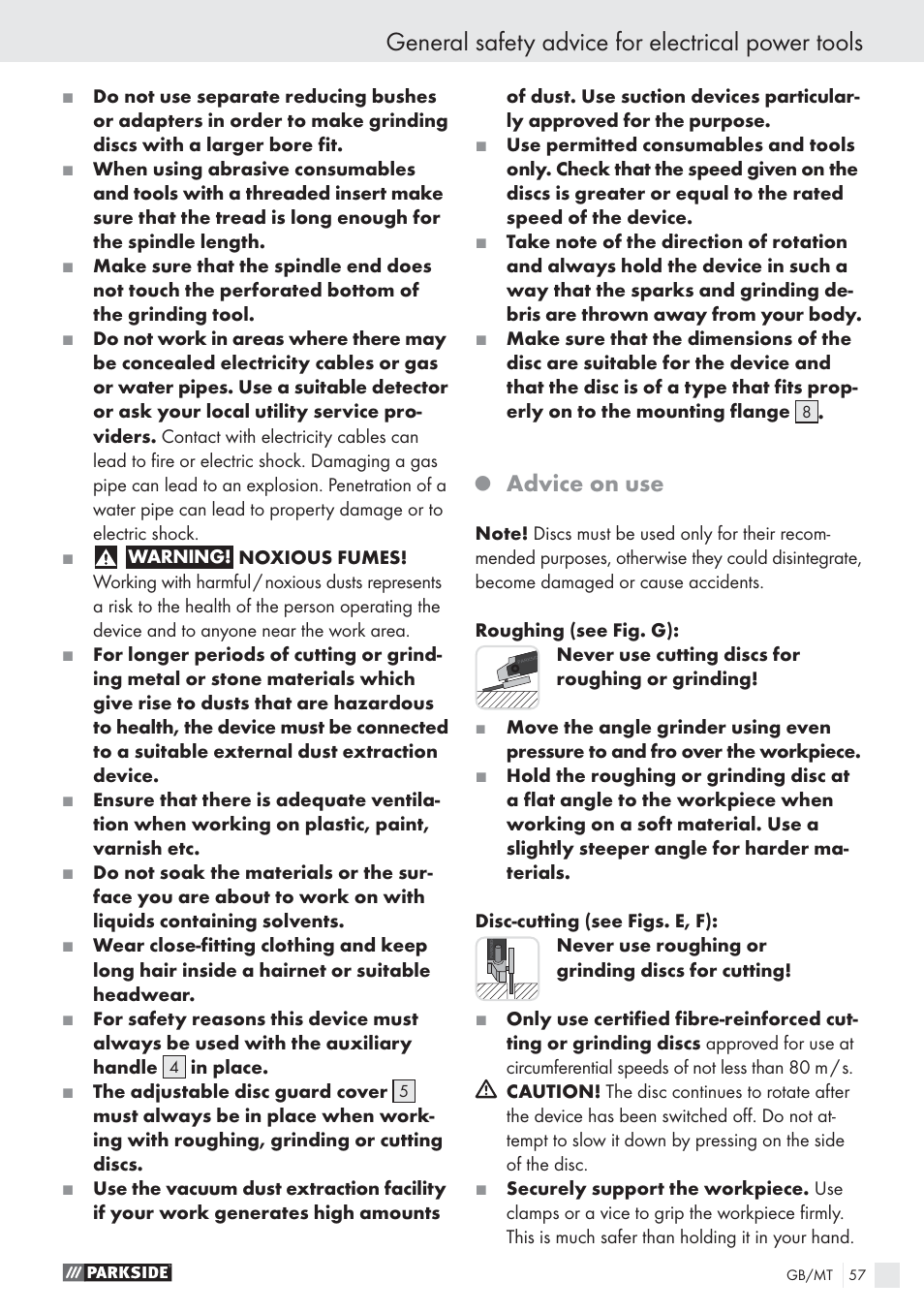 General safety advice for electrical power tools, Advice on use | Parkside PWS 1010 User Manual | Page 58 / 77