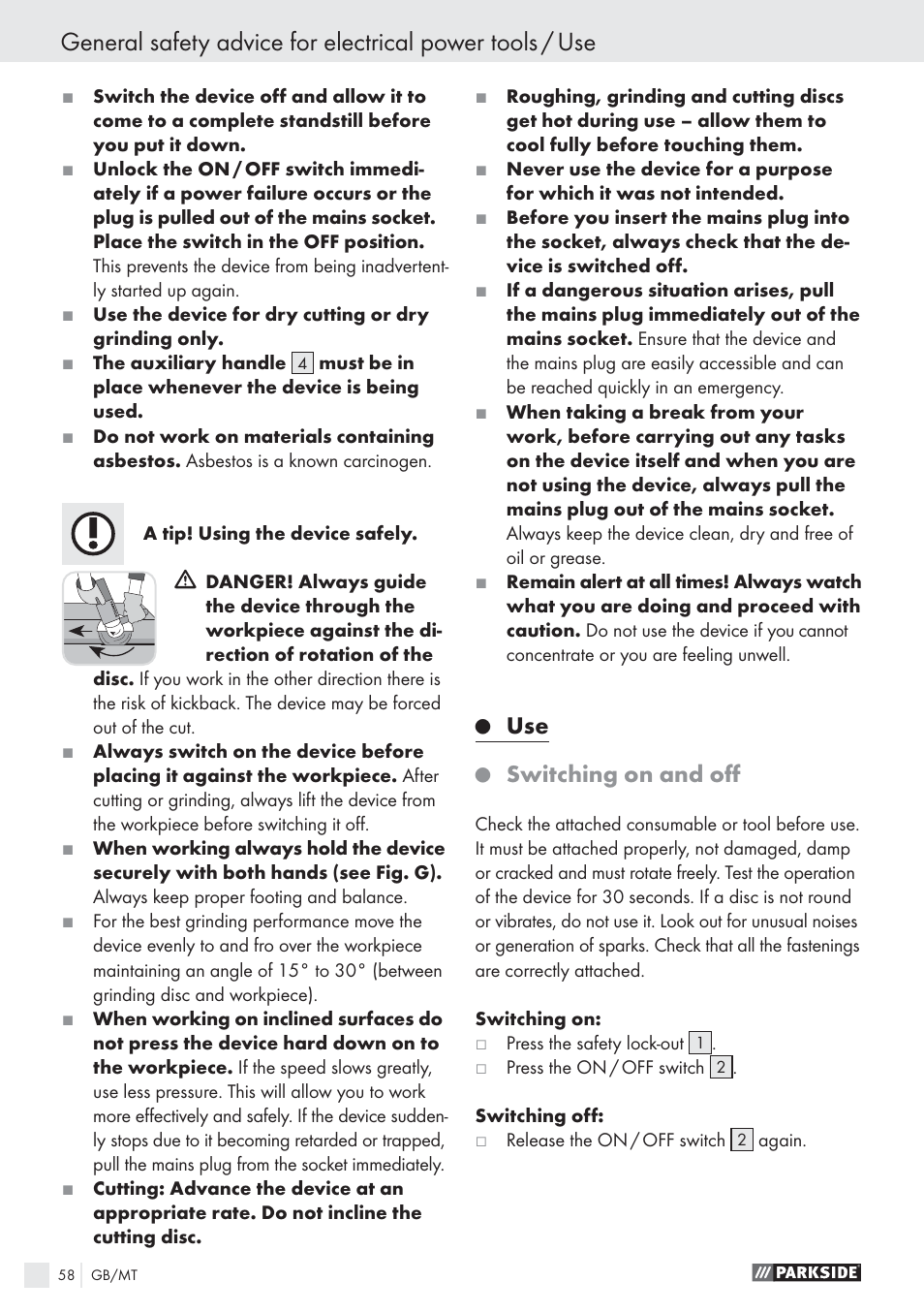Switching on and oﬀ | Parkside PWS 1010 User Manual | Page 59 / 77