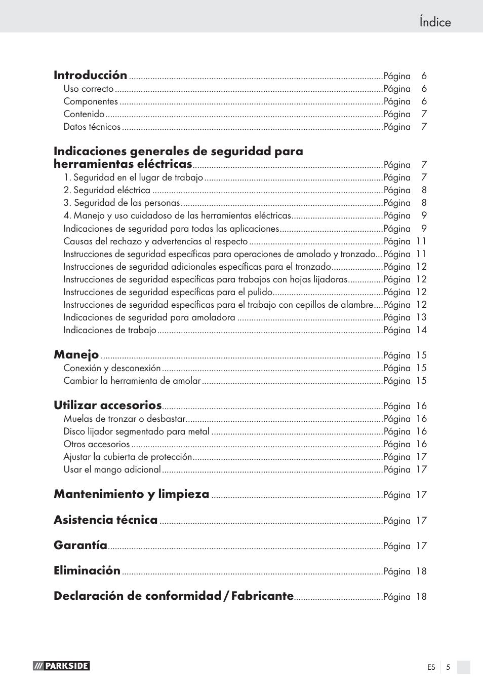 Índice, Introducción, Manejo | Utilizar accesorios, Mantenimiento y limpieza, Asistencia técnica, Garantía, Eliminación, Declaración de conformidad / fabricante | Parkside PWS 1010 User Manual | Page 6 / 77