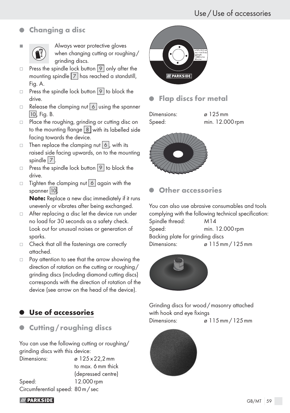 Use / use of accessories, Changing a disc, Use of accessories | Cutting / roughing discs, Flap discs for metal, Other accessories | Parkside PWS 1010 User Manual | Page 60 / 77