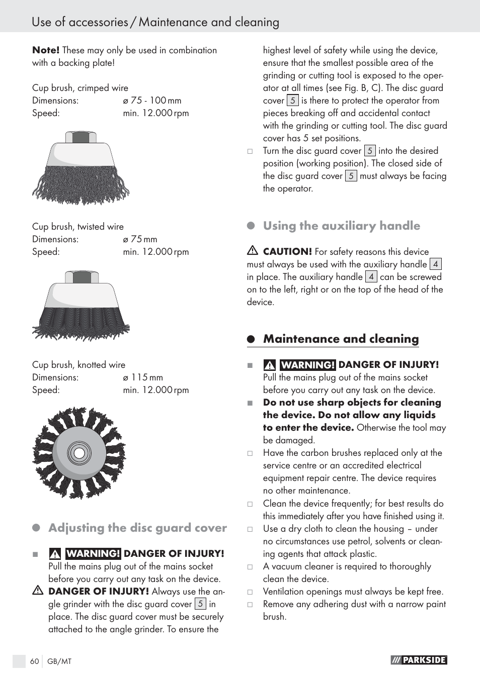 Use of accessories / maintenance and cleaning, Adjusting the disc guard cover, Using the auxiliary handle | Maintenance and cleaning | Parkside PWS 1010 User Manual | Page 61 / 77