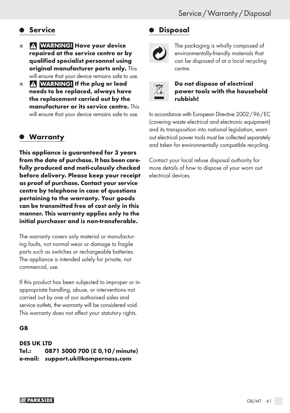 Service / warranty / disposal, Service, Warranty | Disposal | Parkside PWS 1010 User Manual | Page 62 / 77
