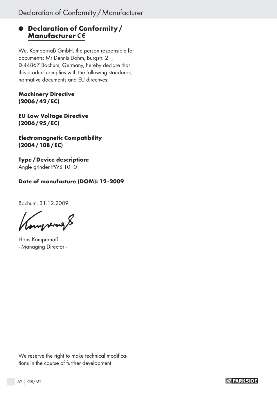Declaration of conformity / manufacturer | Parkside PWS 1010 User Manual | Page 63 / 77
