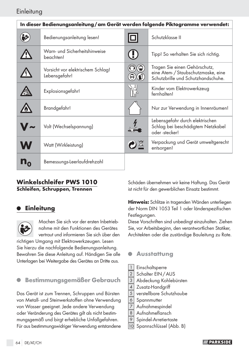 Einleitung, Winkelschleifer pws 1010, Bestimmungsgemäßer gebrauch | Ausstattung | Parkside PWS 1010 User Manual | Page 65 / 77