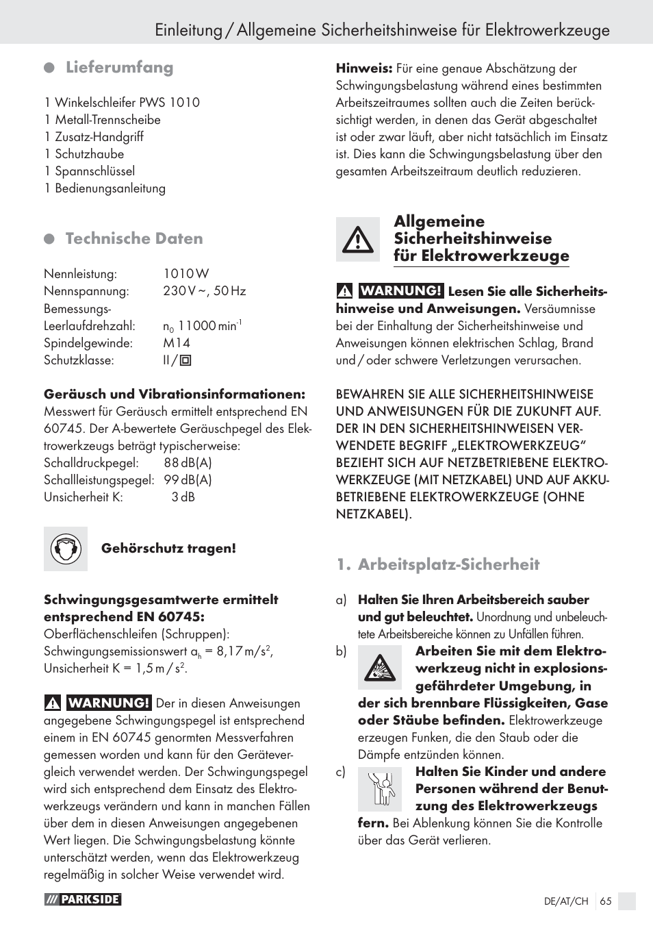 Lieferumfang, Technische daten, Arbeitsplatz-sicherheit | Parkside PWS 1010 User Manual | Page 66 / 77