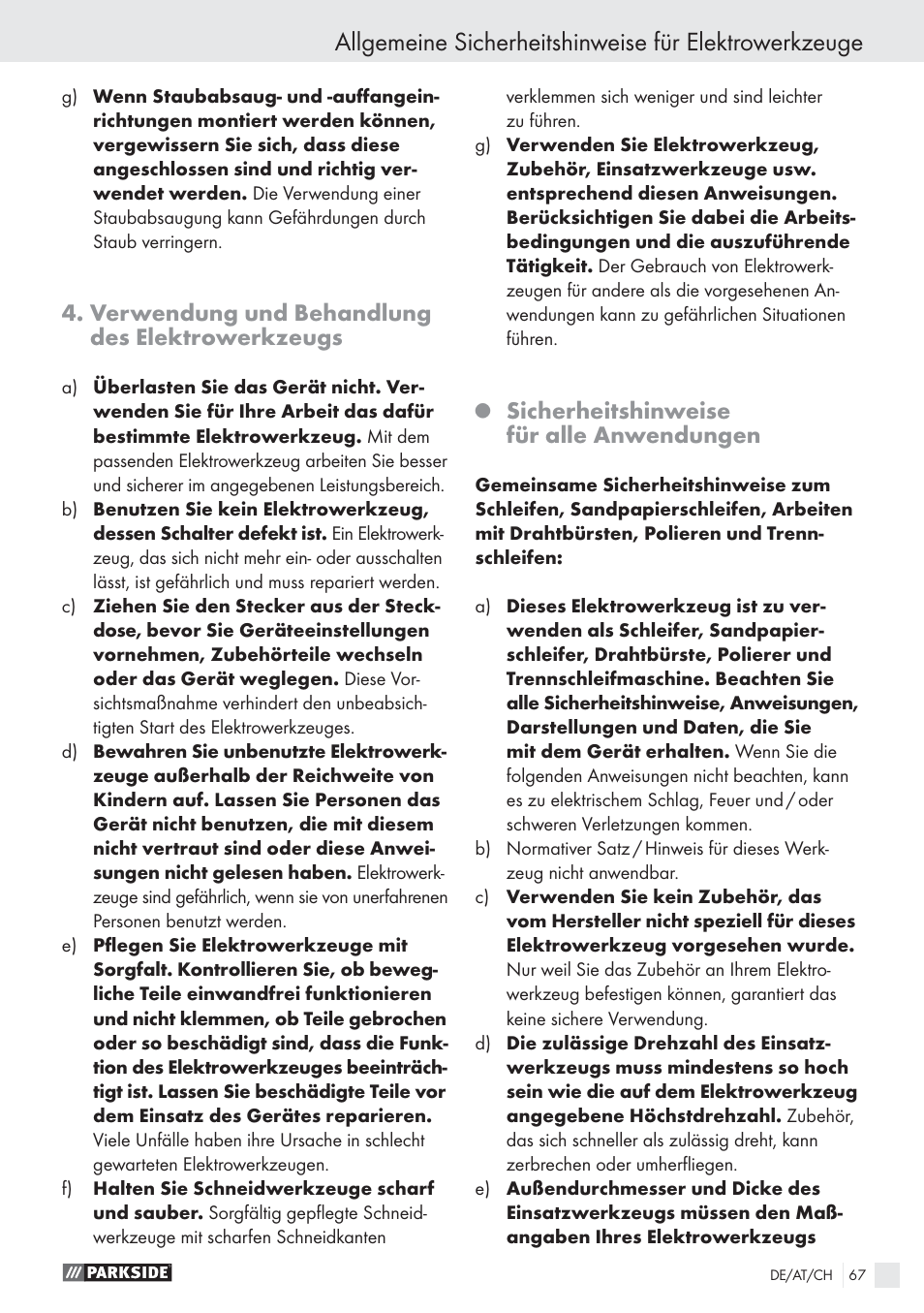 Verwendung und behandlung des elektrowerkzeugs, Sicherheitshinweise für alle anwendungen | Parkside PWS 1010 User Manual | Page 68 / 77