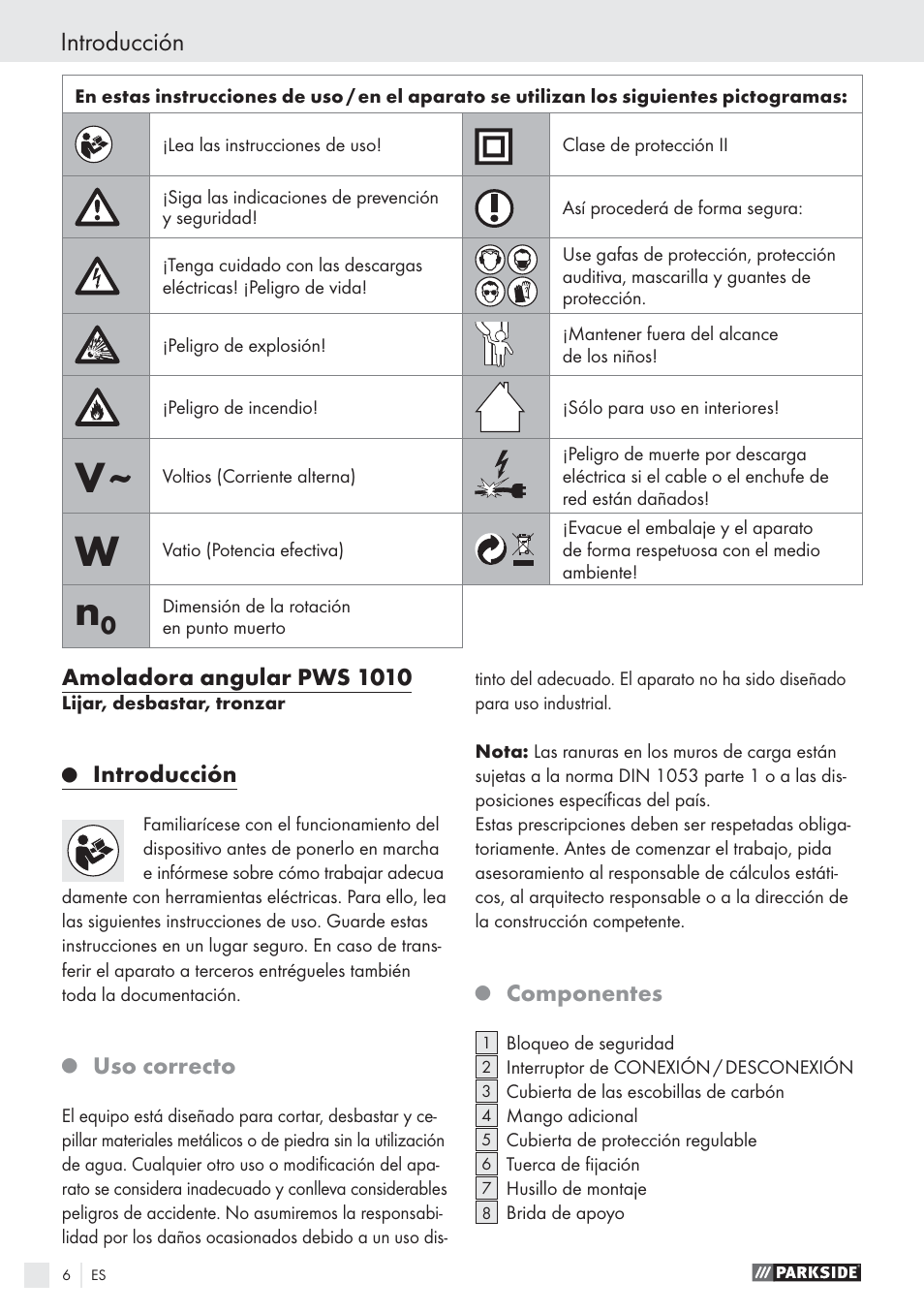 Introducción, Amoladora angular pws 1010, Uso correcto | Componentes | Parkside PWS 1010 User Manual | Page 7 / 77