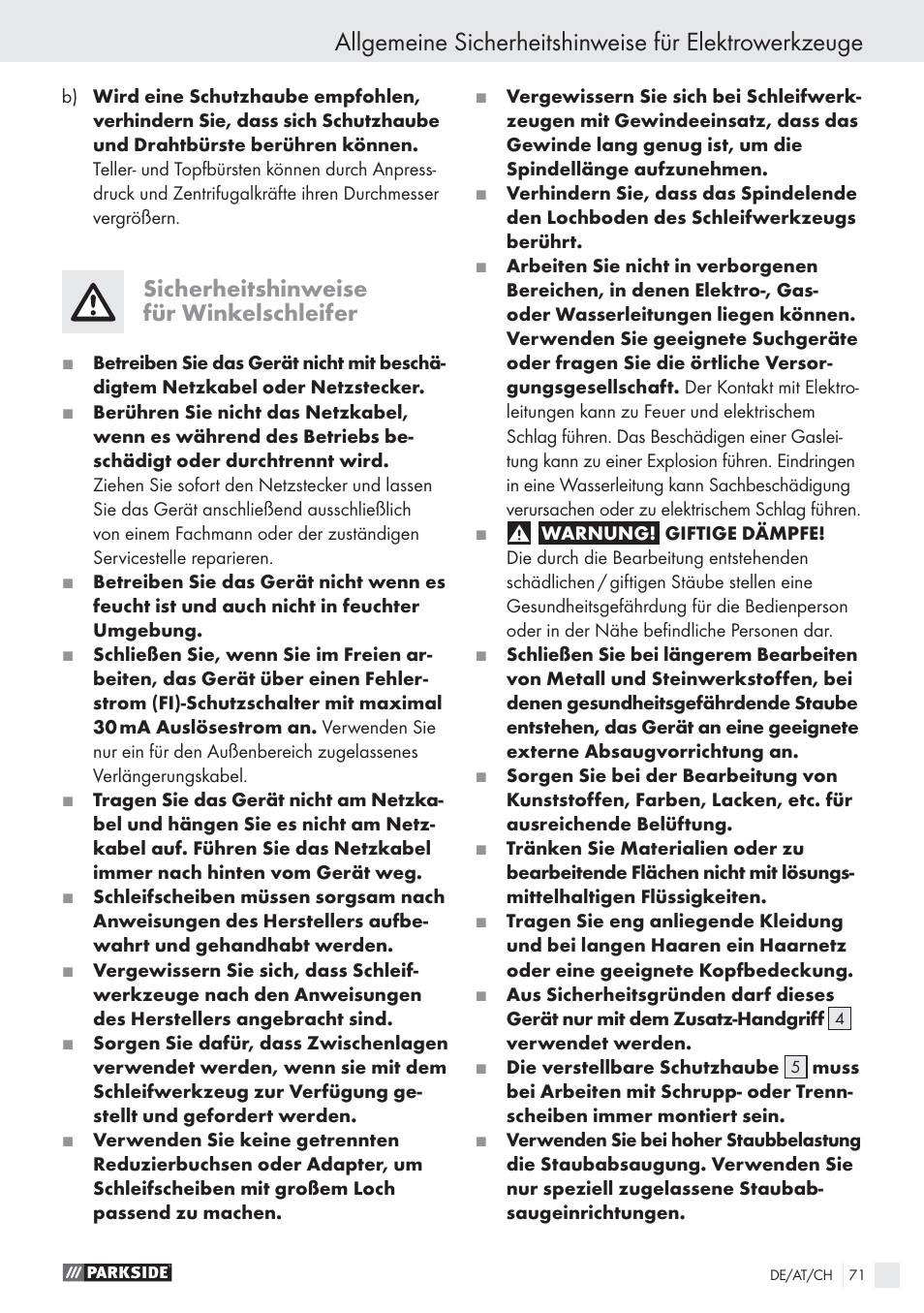 Sicherheitshinweise für winkelschleifer | Parkside PWS 1010 User Manual | Page 72 / 77