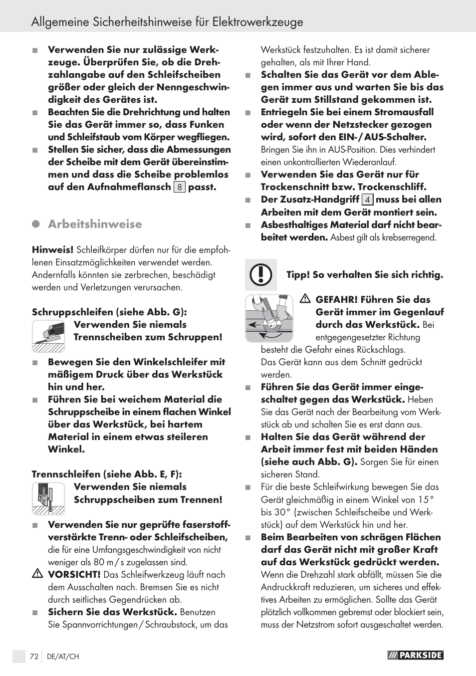Arbeitshinweise | Parkside PWS 1010 User Manual | Page 73 / 77