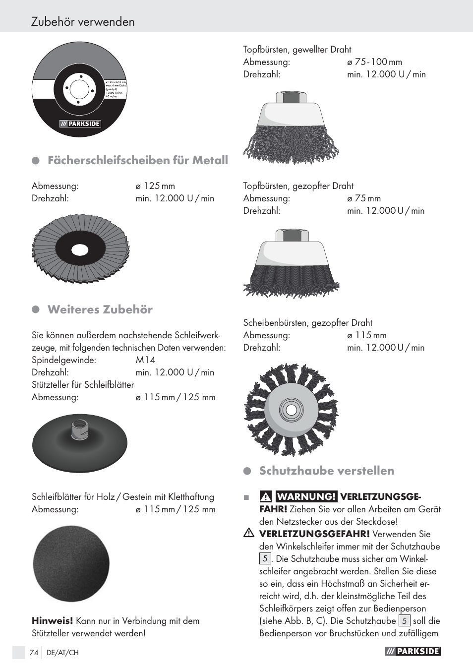 Zubehör verwenden, Fächerschleifscheiben für metall, Weiteres zubehör | Schutzhaube verstellen | Parkside PWS 1010 User Manual | Page 75 / 77