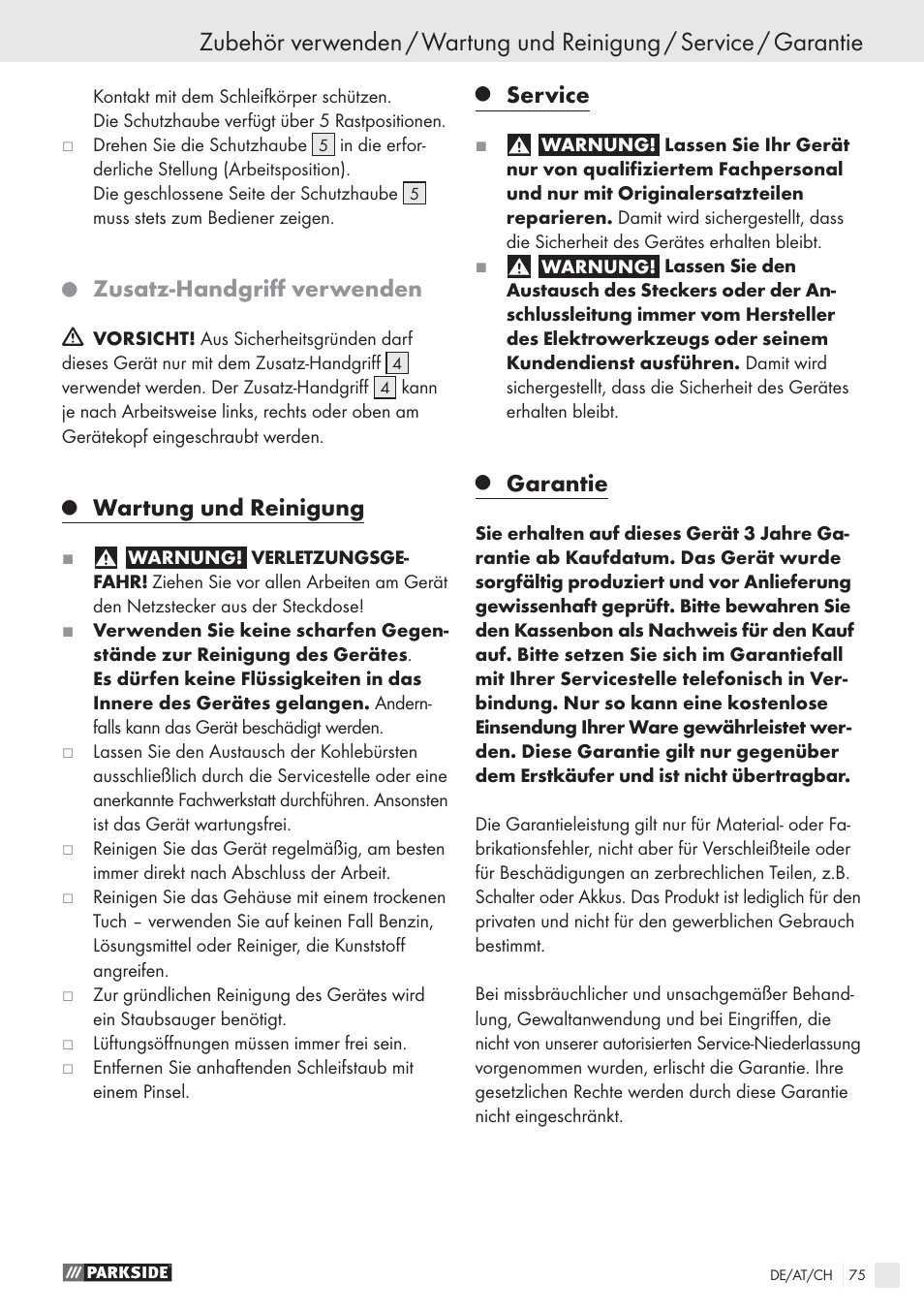 Zusatz-handgriﬀ verwenden, Wartung und reinigung, Service | Garantie | Parkside PWS 1010 User Manual | Page 76 / 77