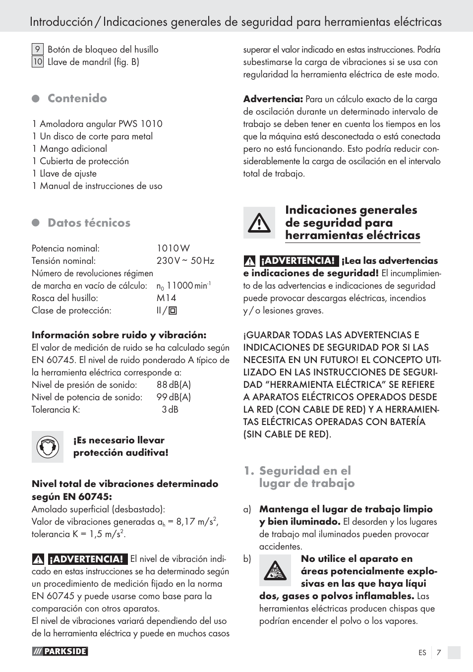 Parkside PWS 1010 User Manual | Page 8 / 77