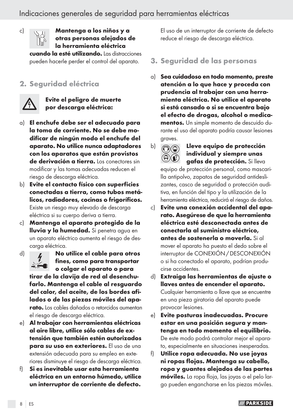 Seguridad eléctrica, Seguridad de las personas | Parkside PWS 1010 User Manual | Page 9 / 77