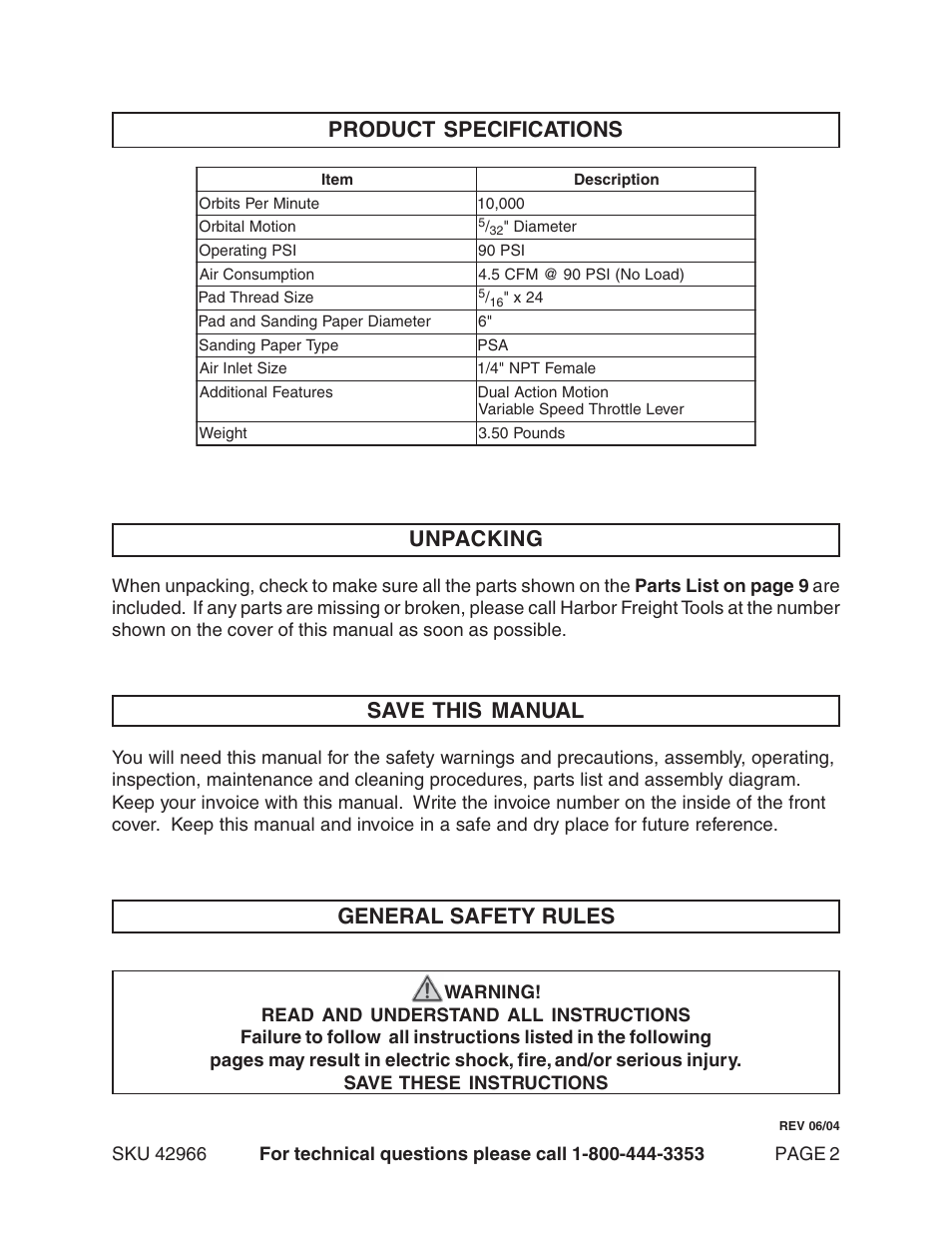 Product specifications save this manual, General safety rules, Unpacking | Harbor Freight Tools Model 42966 User Manual | Page 2 / 10