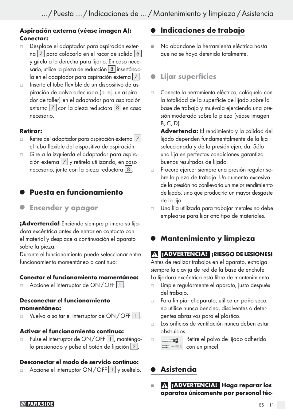 Puesta en funcionamiento, Encender y apagar, Indicaciones de trabajo | Lijar superficies, Mantenimiento y limpieza, Asistencia | Parkside PEXS 270 A1 User Manual | Page 11 / 52