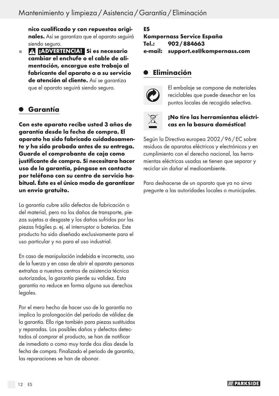 Garantía, Eliminación | Parkside PEXS 270 A1 User Manual | Page 12 / 52