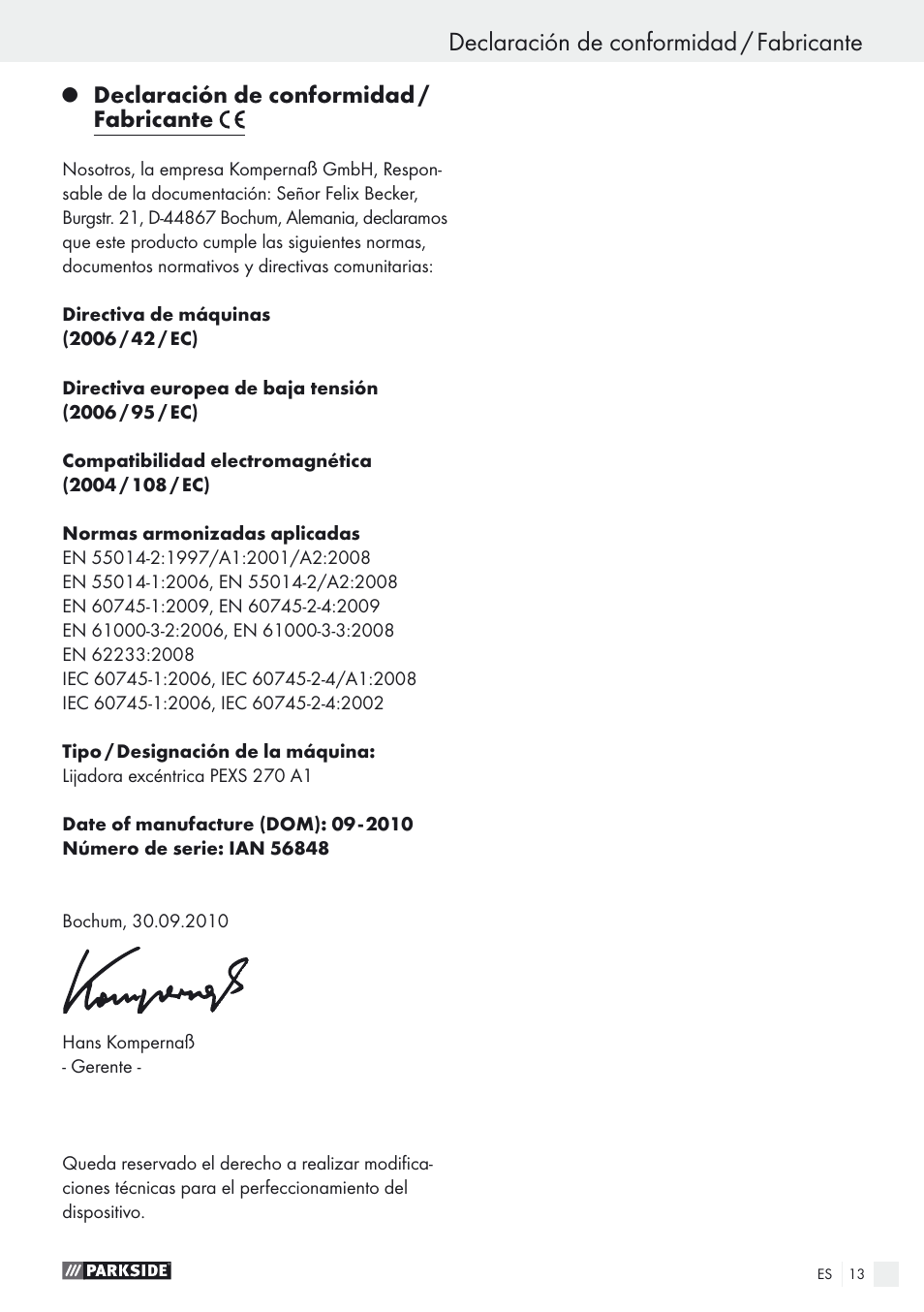 Declaración de conformidad / fabricante | Parkside PEXS 270 A1 User Manual | Page 13 / 52