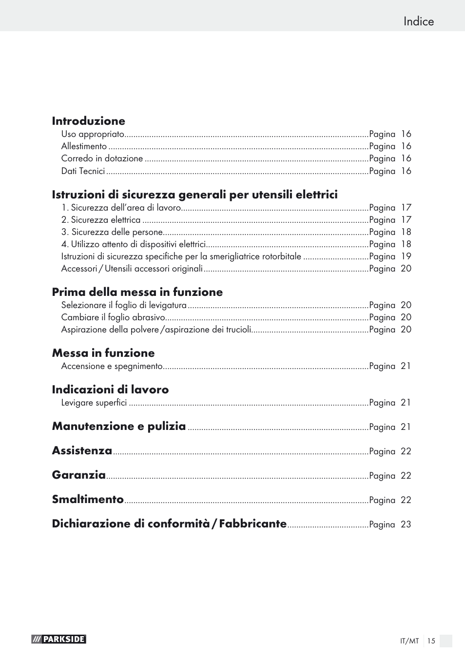 Indice | Parkside PEXS 270 A1 User Manual | Page 15 / 52