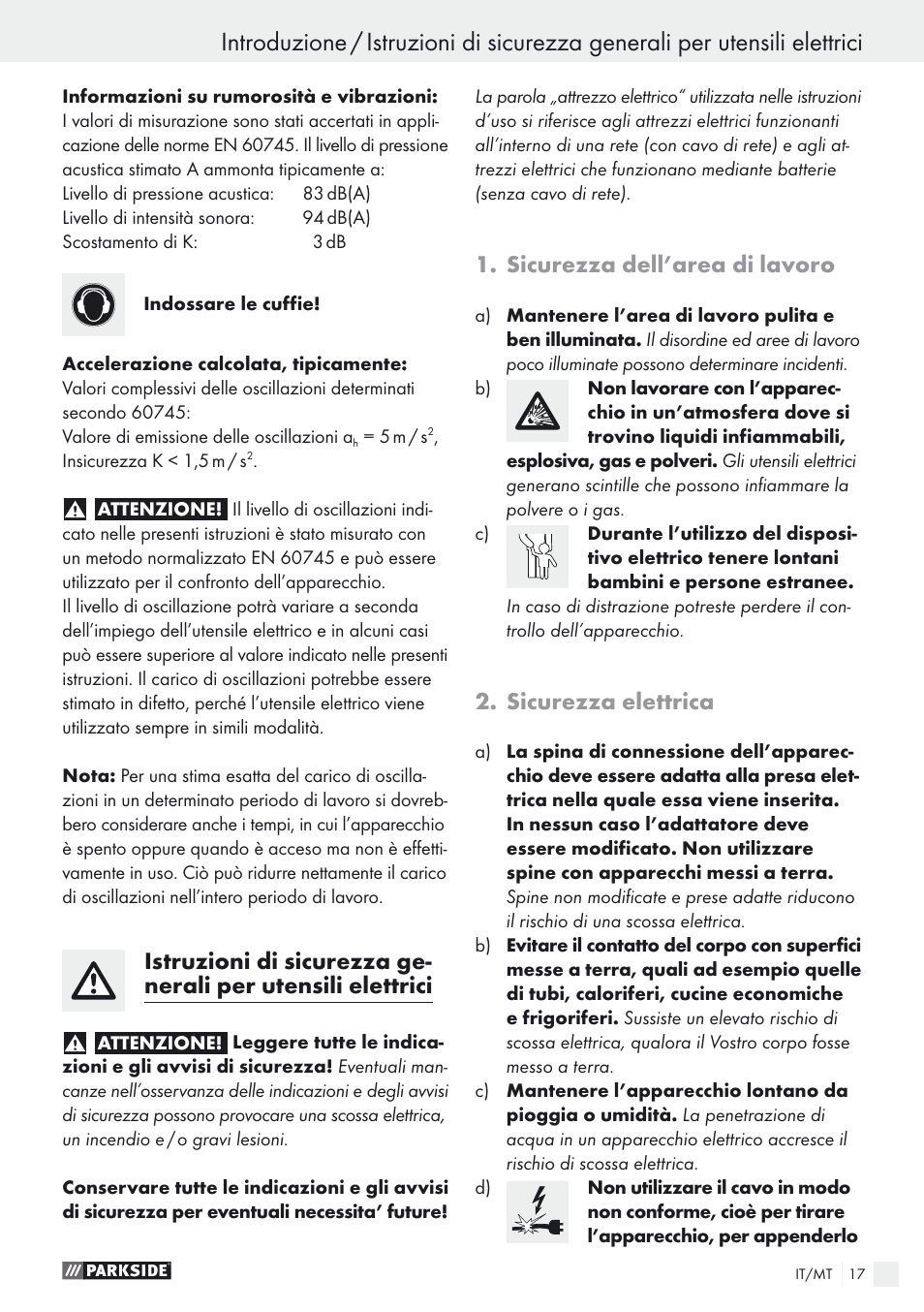 Sicurezza dell’area di lavoro, Sicurezza elettrica | Parkside PEXS 270 A1 User Manual | Page 17 / 52