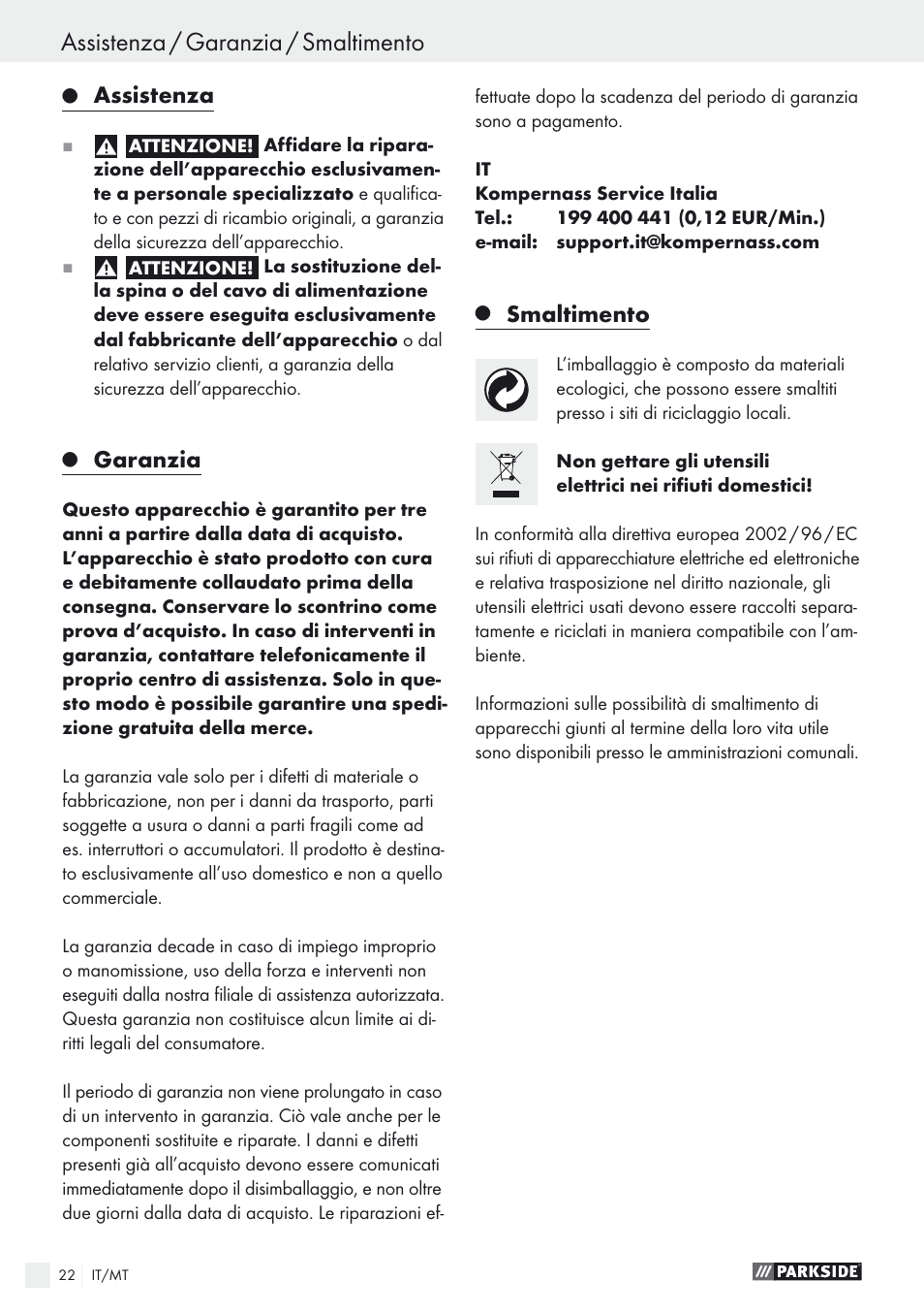 Assistenza / garanzia / smaltimento, Assistenza, Garanzia | Smaltimento | Parkside PEXS 270 A1 User Manual | Page 22 / 52