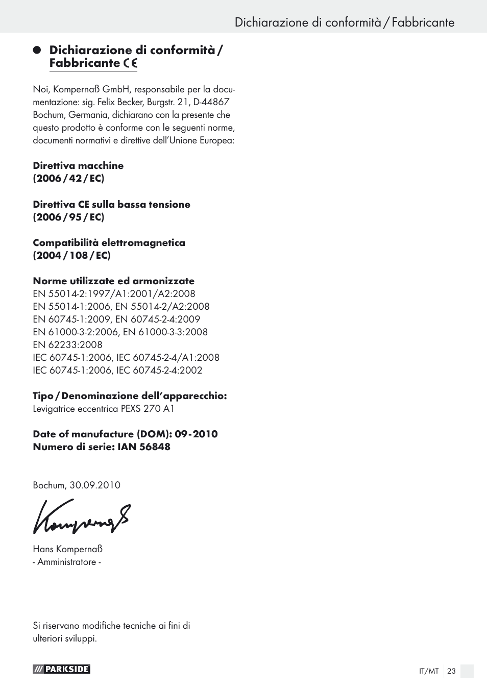 Dichiarazione di conformità / fabbricante | Parkside PEXS 270 A1 User Manual | Page 23 / 52