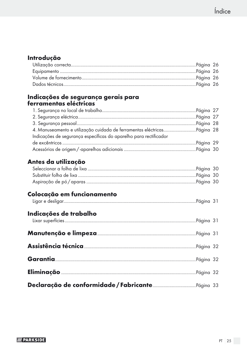 Índice | Parkside PEXS 270 A1 User Manual | Page 25 / 52