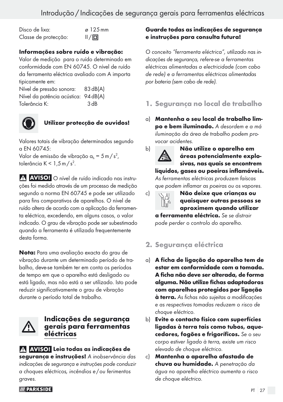 Segurança no local de trabalho, Segurança eléctrica | Parkside PEXS 270 A1 User Manual | Page 27 / 52