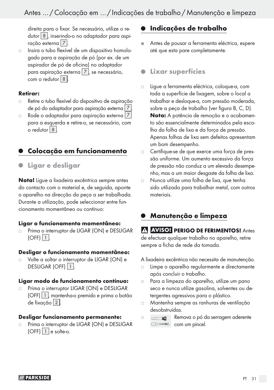 Colocação em funcionamento, Ligar e desligar, Indicações de trabalho | Lixar superfícies, Manutenção e limpeza | Parkside PEXS 270 A1 User Manual | Page 31 / 52