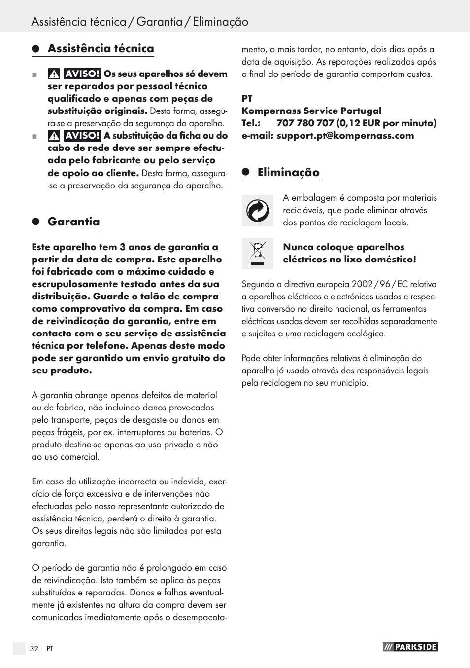 Assistência técnica / garantia / eliminação, Assistência técnica, Garantia | Eliminação | Parkside PEXS 270 A1 User Manual | Page 32 / 52