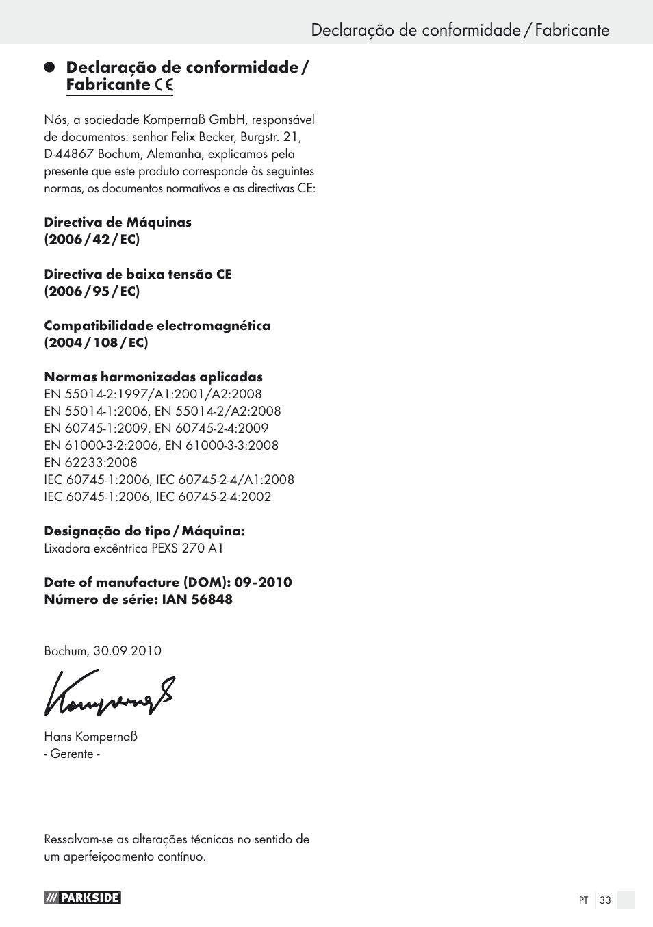Declaração de conformidade / fabricante | Parkside PEXS 270 A1 User Manual | Page 33 / 52