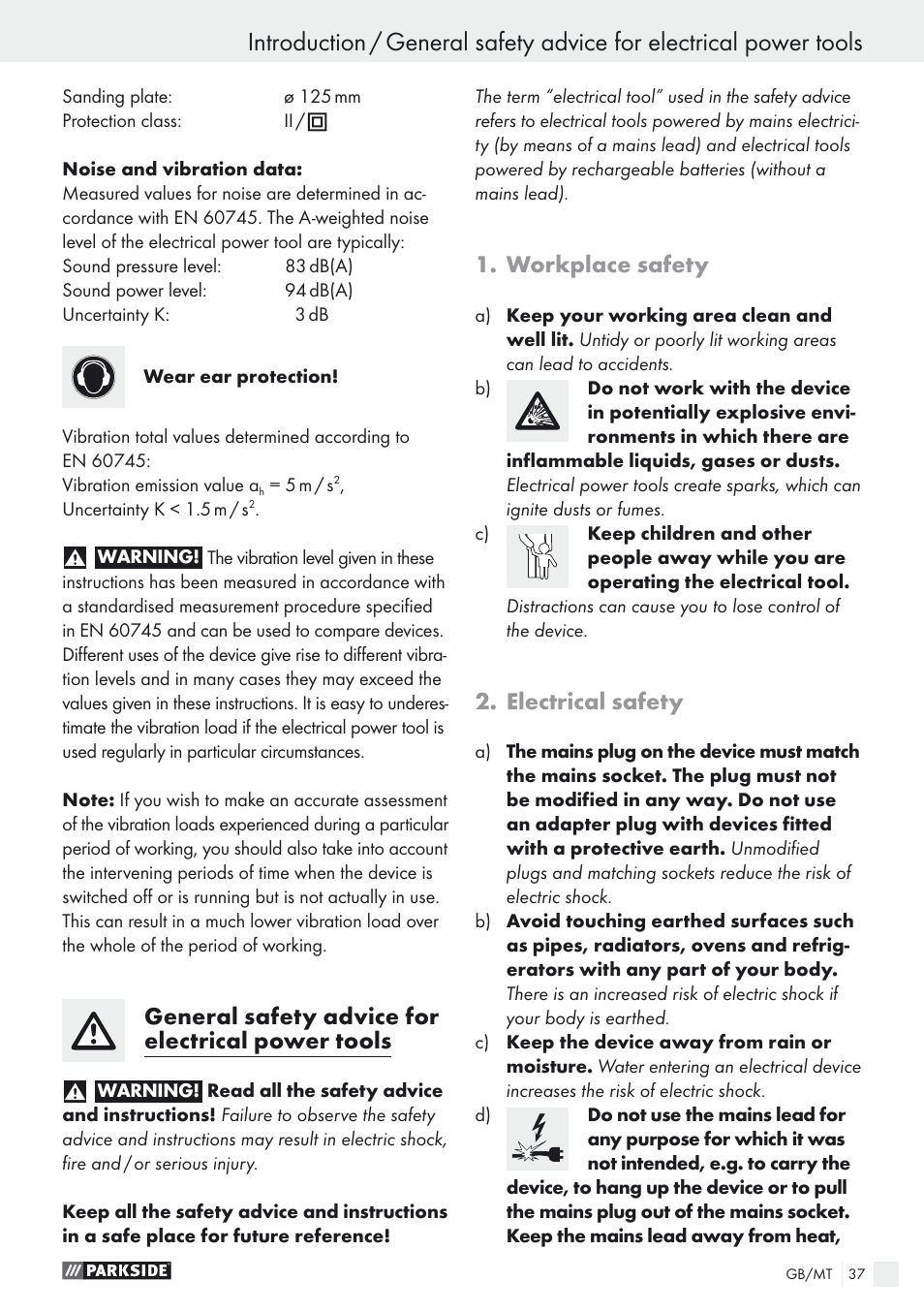 General safety advice for electrical power tools, Workplace safety, Electrical safety | Parkside PEXS 270 A1 User Manual | Page 37 / 52