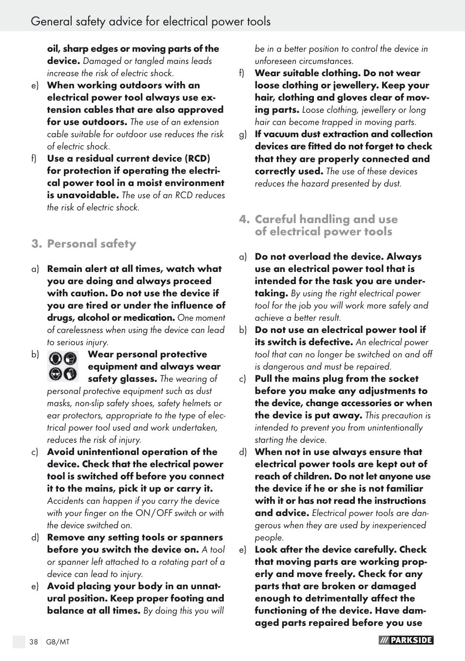 General safety advice for electrical power tools, Personal safety, Careful handling and use of electrical power tools | Parkside PEXS 270 A1 User Manual | Page 38 / 52