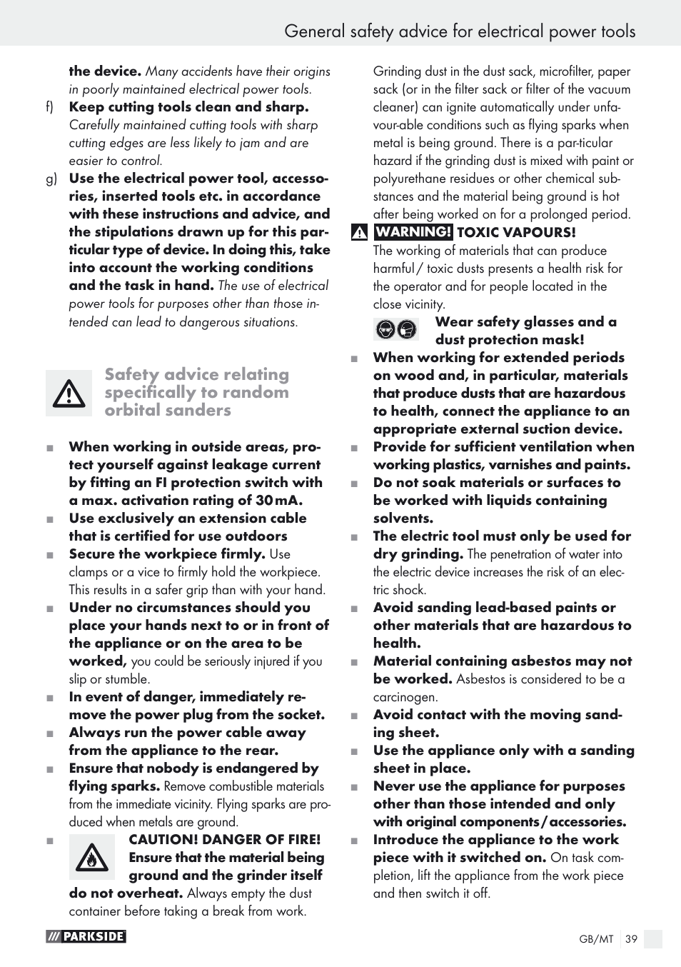 General safety advice for electrical power tools | Parkside PEXS 270 A1 User Manual | Page 39 / 52