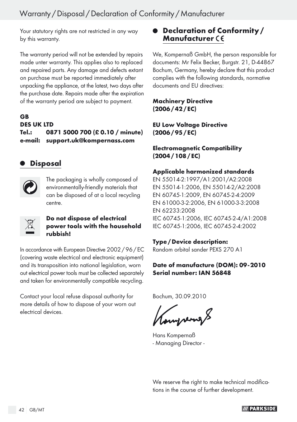 Disposal, Declaration of conformity / manufacturer | Parkside PEXS 270 A1 User Manual | Page 42 / 52