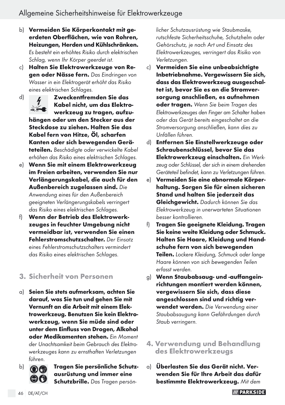 Sicherheit von personen, Verwendung und behandlung des elektrowerkzeugs | Parkside PEXS 270 A1 User Manual | Page 46 / 52