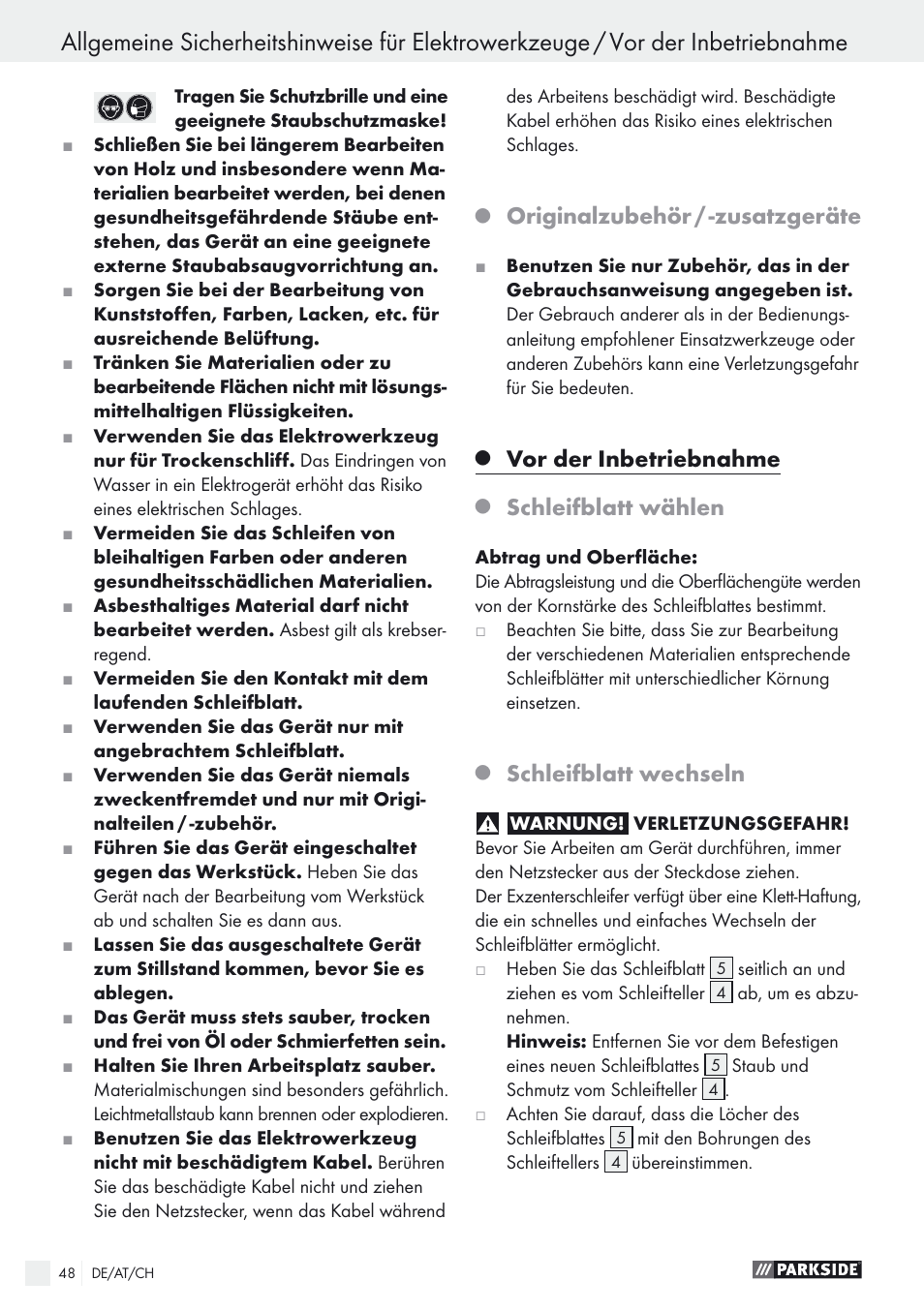 Originalzubehör / -zusatzgeräte, Vor der inbetriebnahme, Schleifblatt wählen | Schleifblatt wechseln | Parkside PEXS 270 A1 User Manual | Page 48 / 52