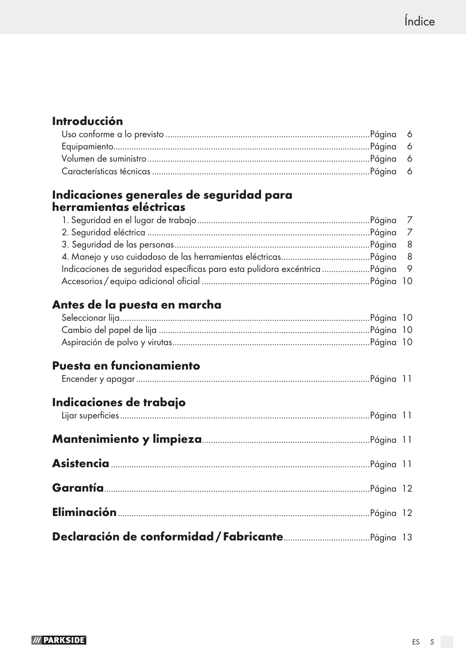 Índice | Parkside PEXS 270 A1 User Manual | Page 5 / 52