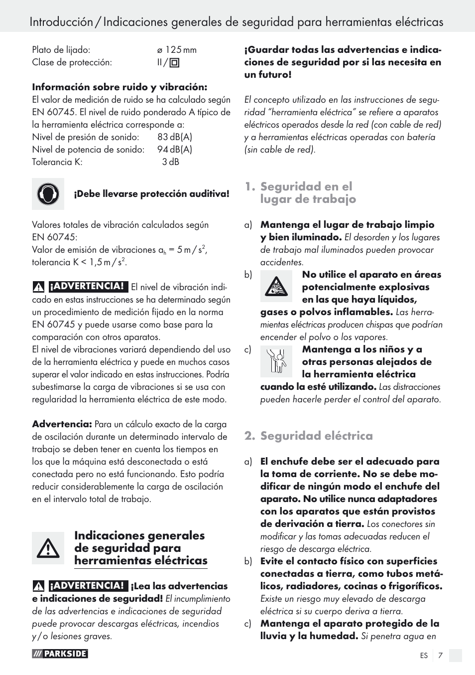 Seguridad en el lugar de trabajo, Seguridad eléctrica | Parkside PEXS 270 A1 User Manual | Page 7 / 52