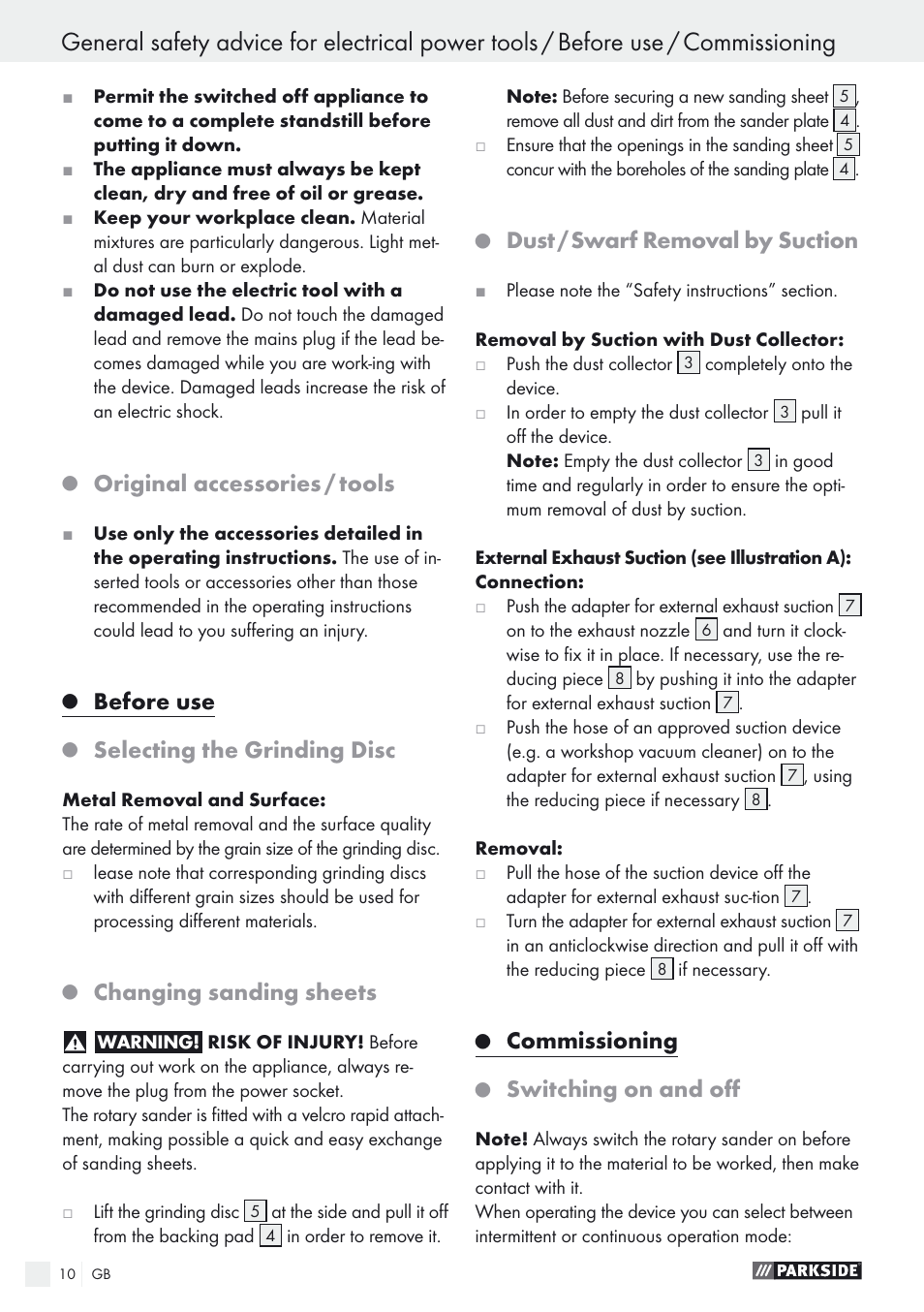Original accessories / tools, Before use, Selecting the grinding disc | Changing sanding sheets, Dust / swarf removal by suction, Commissioning, Switching on and off | Parkside PEXS 270 A1 User Manual | Page 10 / 68
