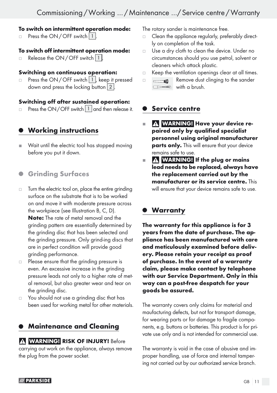 Working instructions, Grinding surfaces, Maintenance and cleaning | Service centre, Warranty | Parkside PEXS 270 A1 User Manual | Page 11 / 68