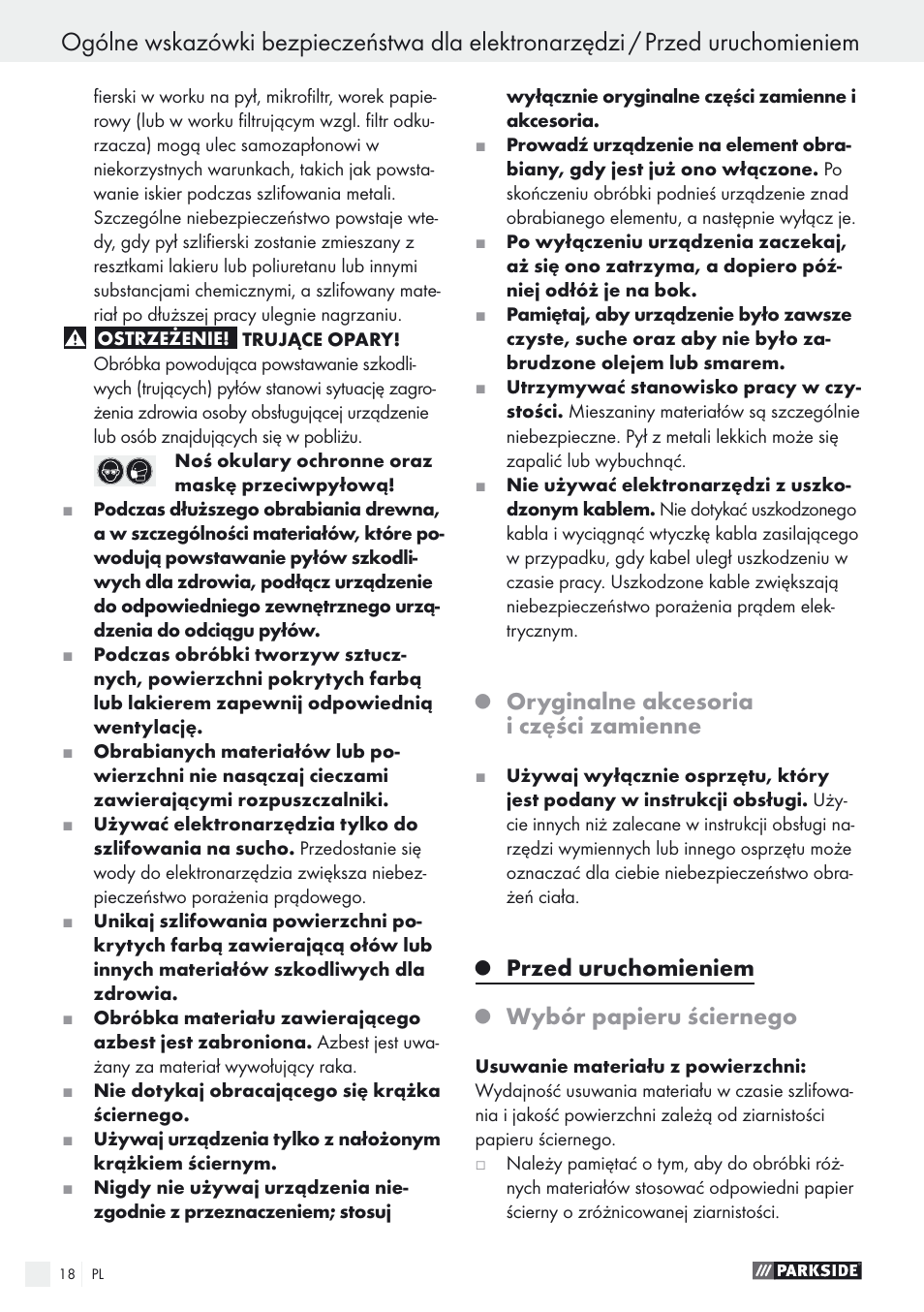 Oryginalne akcesoria i części zamienne, Przed uruchomieniem, Wybór papieru ściernego | Parkside PEXS 270 A1 User Manual | Page 18 / 68