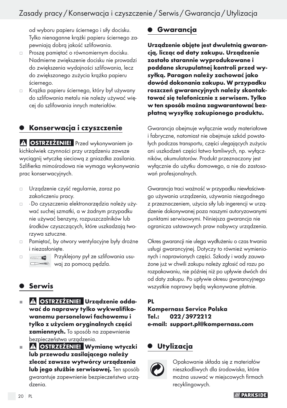 Konserwacja i czyszczenie, Serwis, Gwarancja | Utylizacja | Parkside PEXS 270 A1 User Manual | Page 20 / 68